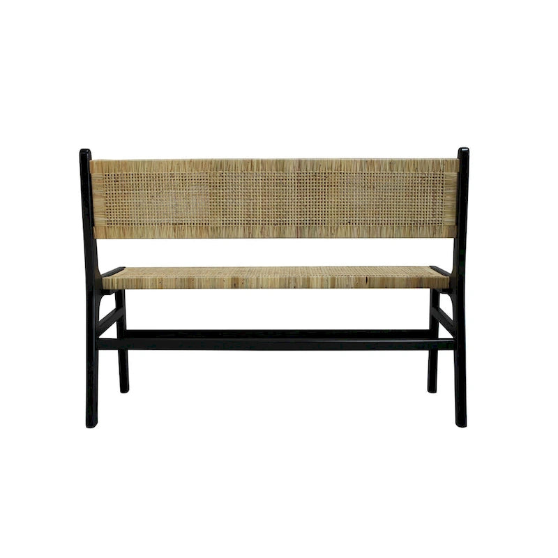 Banc tressé en rotin naturel et caramel/noir avec cadre et dossier en bois, 2-3 places