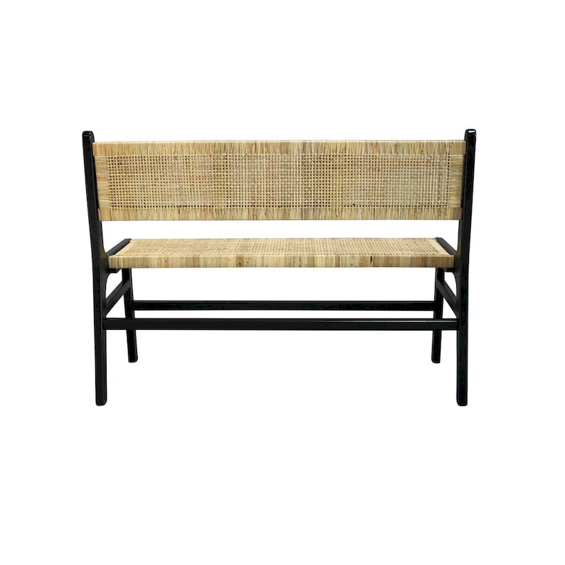 Banc tressé en rotin naturel et caramel/noir avec cadre et dossier en bois, 2-3 places