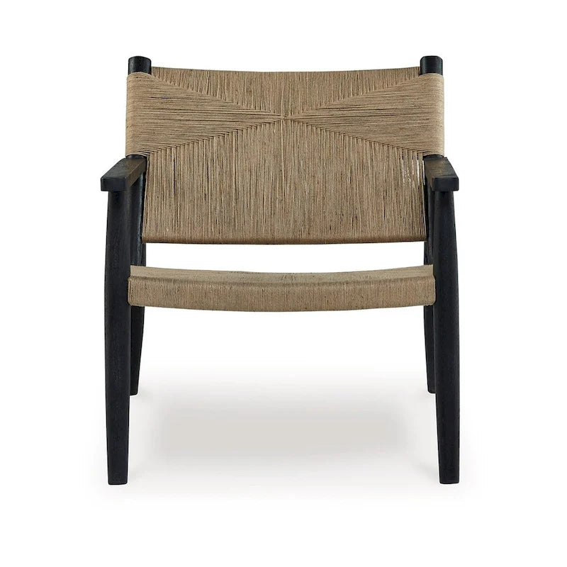 Fauteuil d'appoint en jute tressé à la main, brun et noir, avec cadre en bois noir et pieds effilés, 1 place