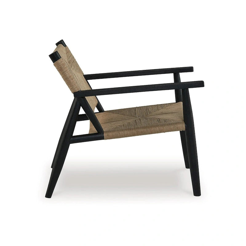 Fauteuil d'appoint en jute tressé à la main, brun et noir, avec cadre en bois noir et pieds effilés, 1 place
