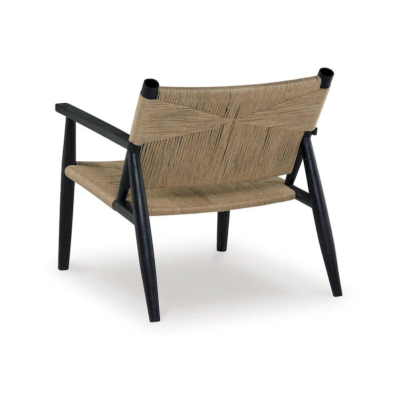 Fauteuil d'appoint en jute tressé à la main, brun et noir, avec cadre en bois noir et pieds effilés, 1 place
