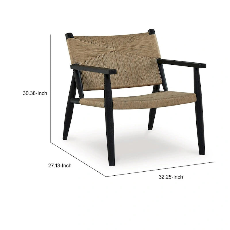 Fauteuil d'appoint en jute tressé à la main, brun et noir, avec cadre en bois noir et pieds effilés, 1 place