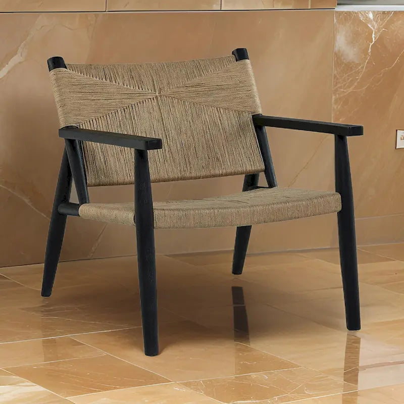 Fauteuil d'appoint en jute tressé à la main, brun et noir, avec cadre en bois noir et pieds effilés, 1 place
