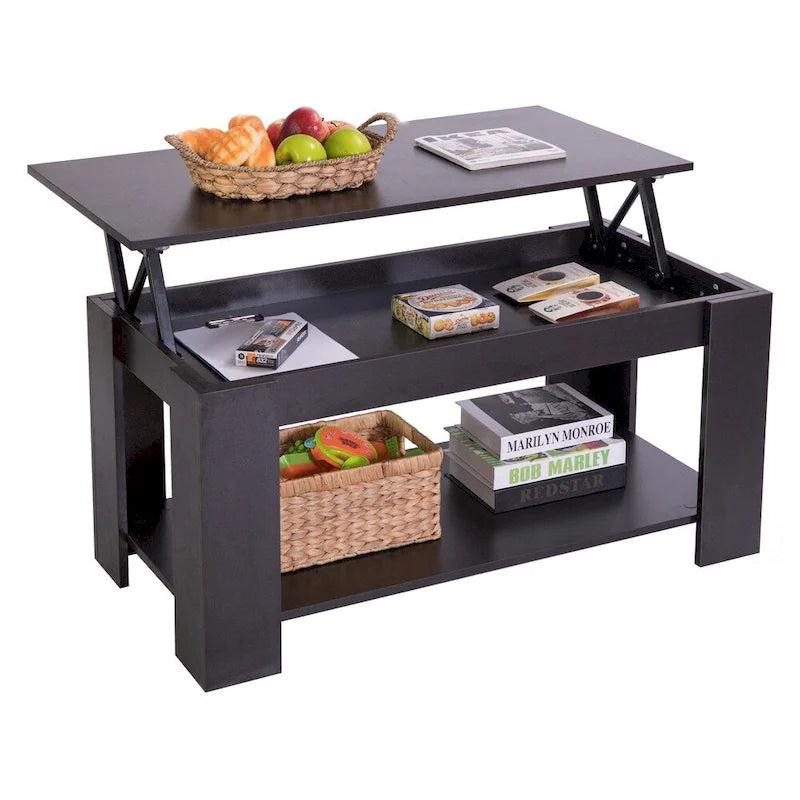 Table basse relevable en bois moderne noire/blanche avec rangement dissimulé et étagère inférieure