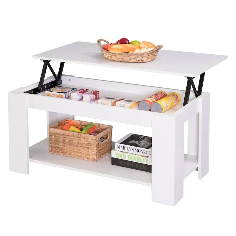 Table basse relevable en bois moderne noire/blanche avec rangement dissimulé et étagère inférieure