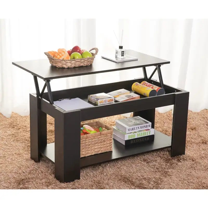 Table basse relevable en bois moderne noire/blanche avec rangement dissimulé et étagère inférieure