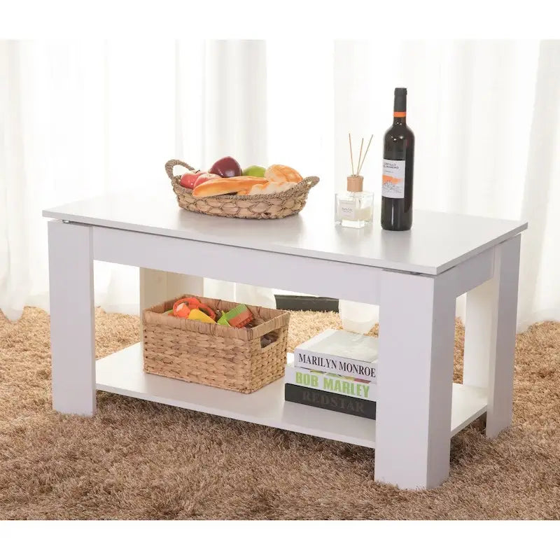 Table basse relevable en bois moderne noire/blanche avec rangement dissimulé et étagère inférieure