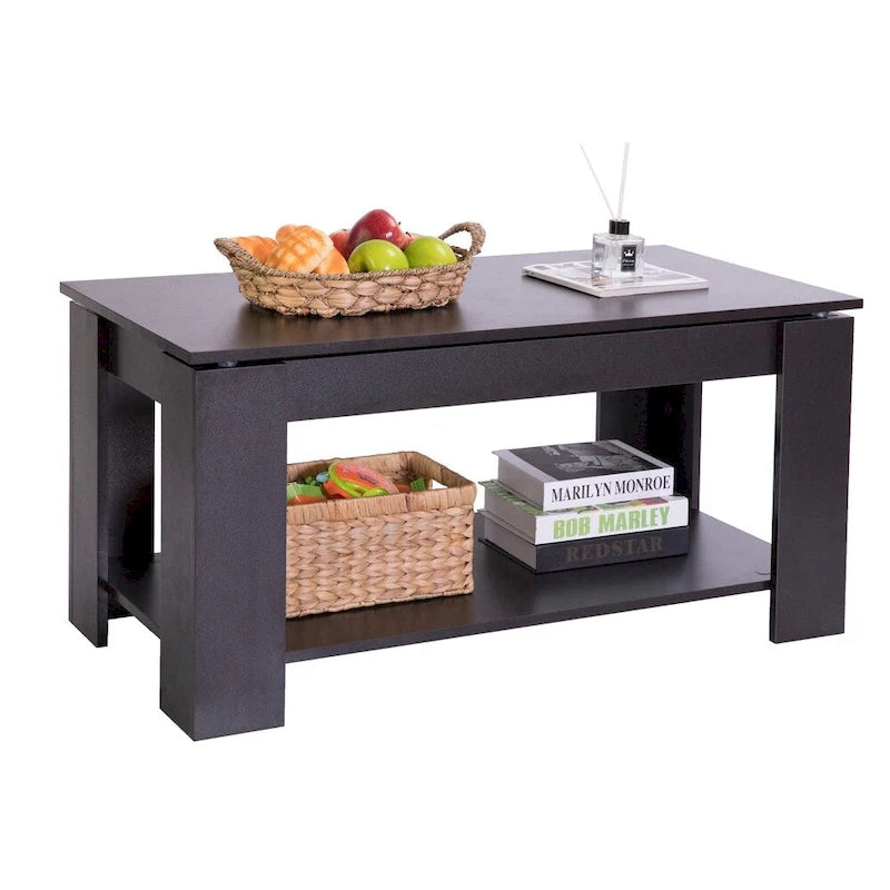 Table basse relevable en bois moderne noire/blanche avec rangement dissimulé et étagère inférieure