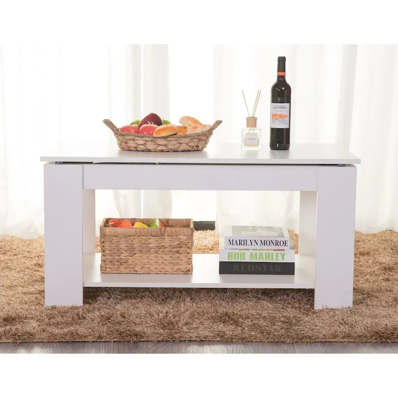 Table basse relevable en bois moderne noire/blanche avec rangement dissimulé et étagère inférieure