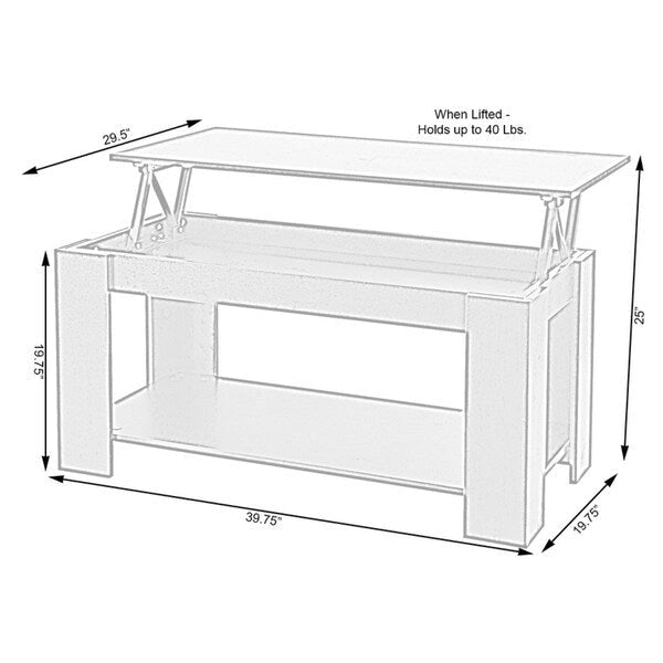 Table basse relevable en bois moderne noire/blanche avec rangement dissimulé et étagère inférieure