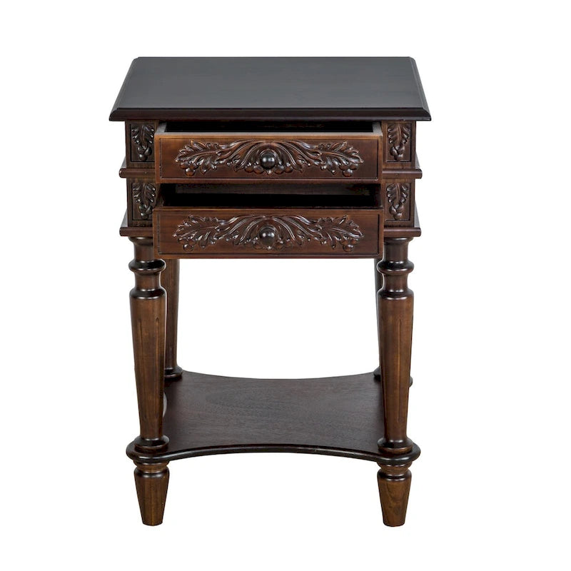 Table d'appoint traditionnelle en bouleau marron foncé avec 2 tiroirs, détails sculptés et étagère inférieure ouverte