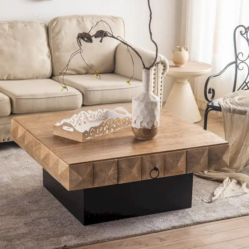 Table basse carrée rétro en bois naturel avec 2 tiroirs et motif en relief