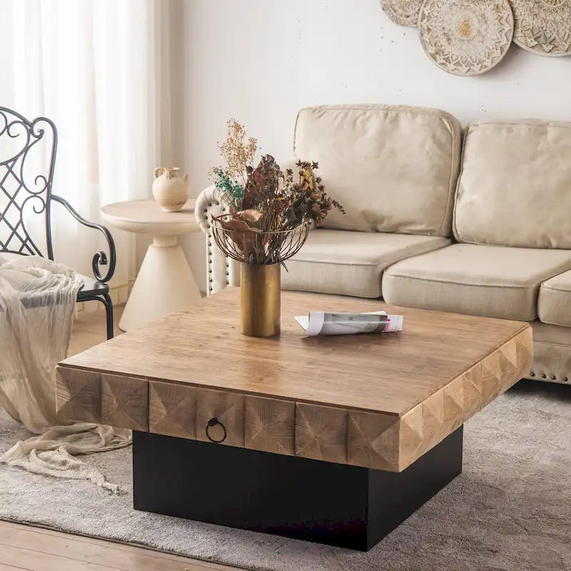 Table basse carrée rétro en bois naturel avec 2 tiroirs et motif en relief