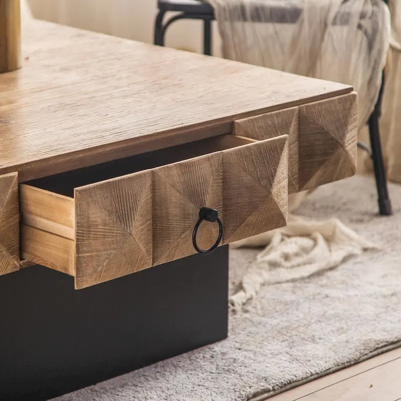 Table basse carrée rétro en bois naturel avec 2 tiroirs et motif en relief