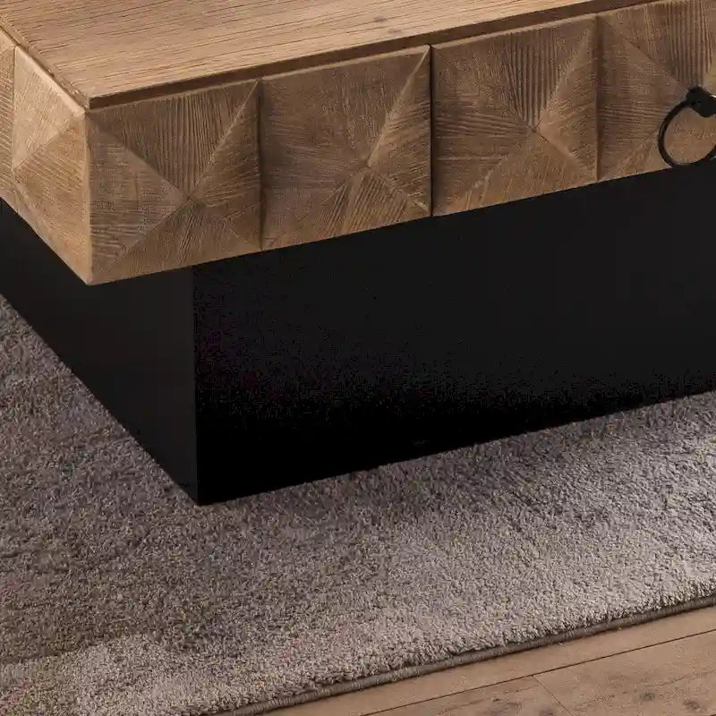 Table basse carrée rétro en bois naturel avec 2 tiroirs et motif en relief