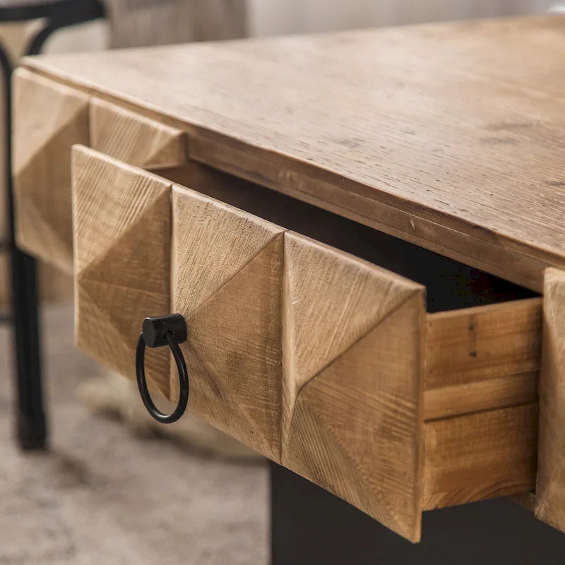 Table basse carrée rétro en bois naturel avec 2 tiroirs et motif en relief