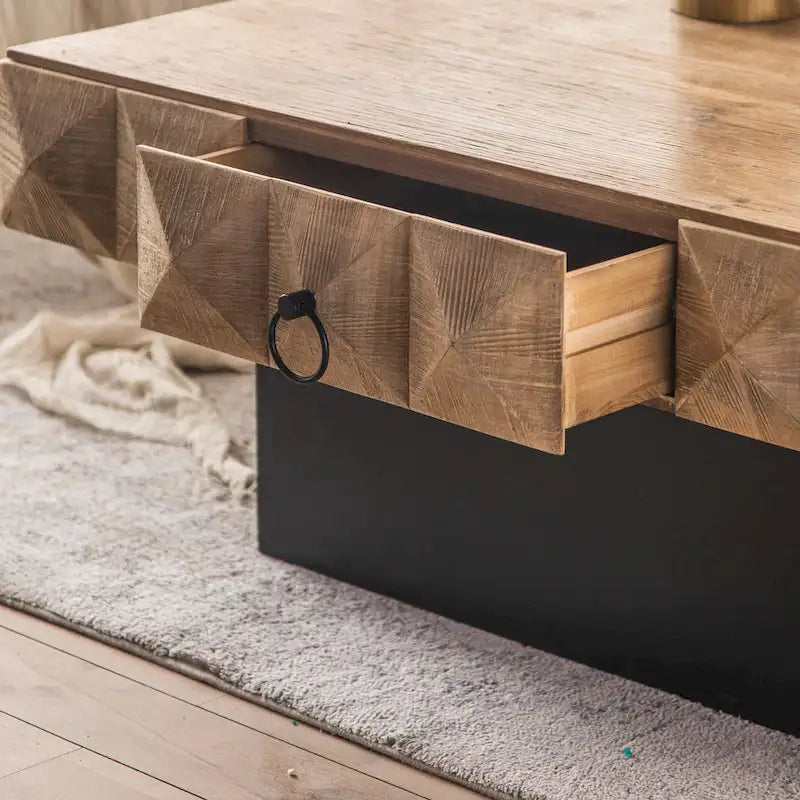 Table basse carrée rétro en bois naturel avec 2 tiroirs et motif en relief