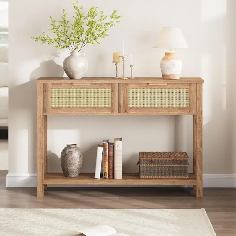 Console en rotin et bois bohème marron/naturel avec 2 tiroirs et étagère inférieure, 109 cm