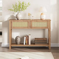 Console en rotin et bois bohème marron/naturel avec 2 tiroirs et étagère inférieure, 109 cm