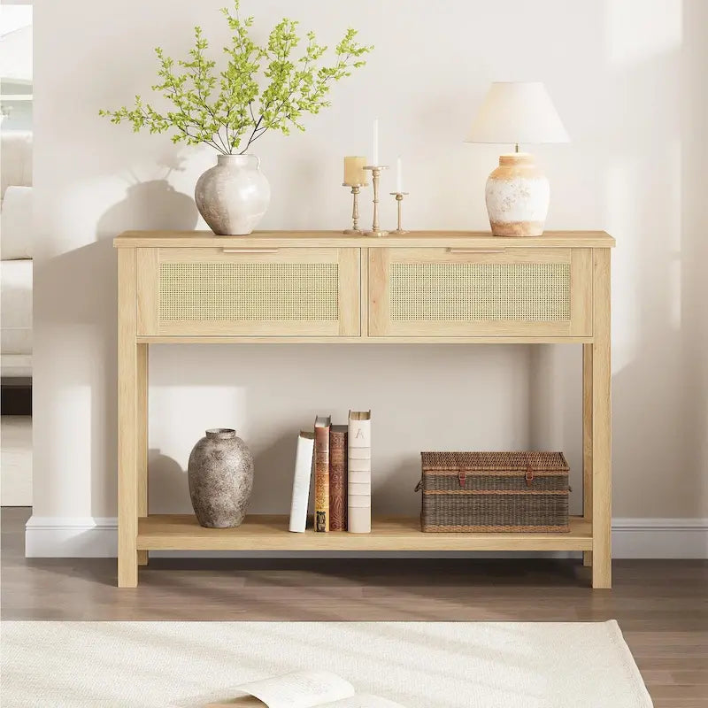 Console en rotin et bois bohème marron/naturel avec 2 tiroirs et étagère inférieure, 109 cm