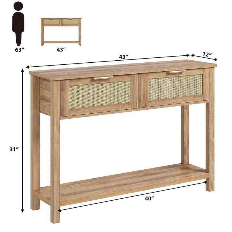 Console en rotin et bois bohème marron/naturel avec 2 tiroirs et étagère inférieure, 109 cm