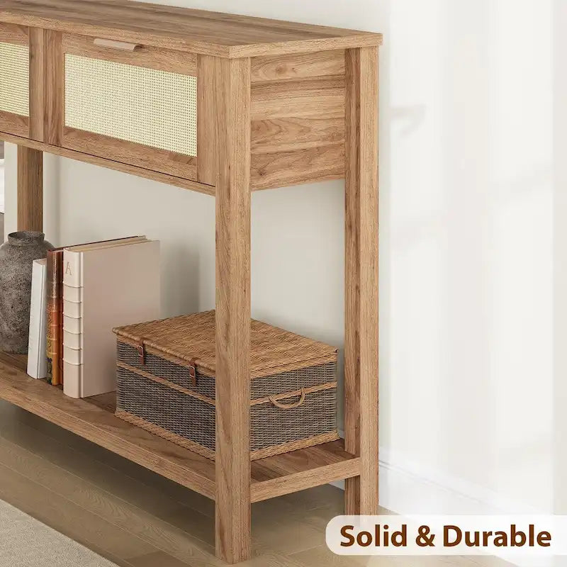 Console en rotin et bois bohème marron/naturel avec 2 tiroirs et étagère inférieure, 109 cm