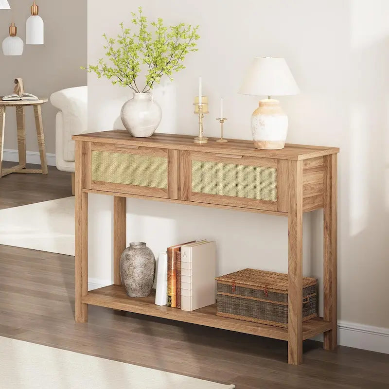 Console en rotin et bois bohème marron/naturel avec 2 tiroirs et étagère inférieure, 109 cm