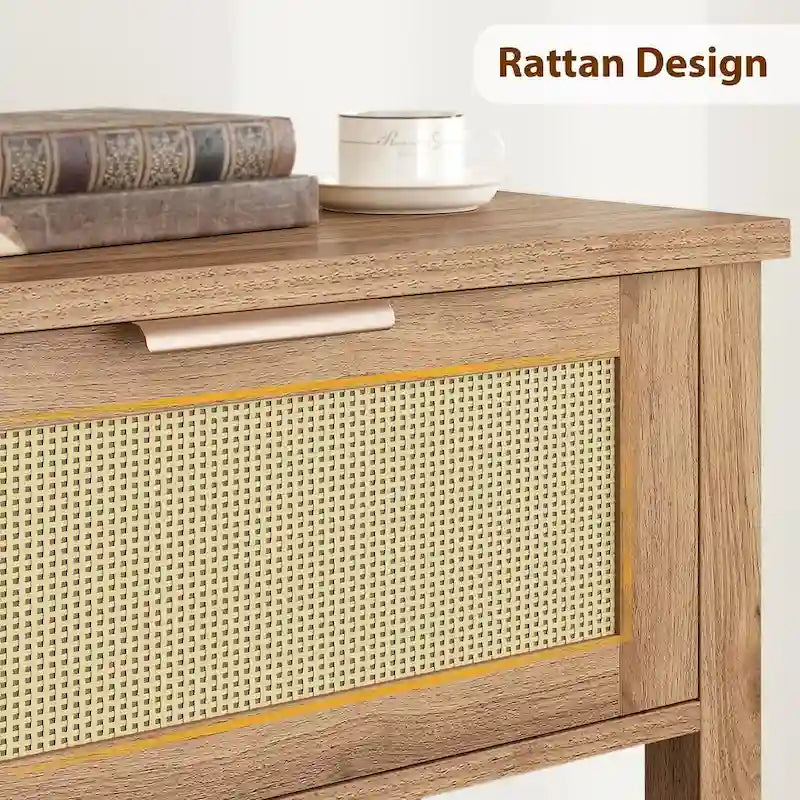 Console en rotin et bois bohème marron/naturel avec 2 tiroirs et étagère inférieure, 109 cm