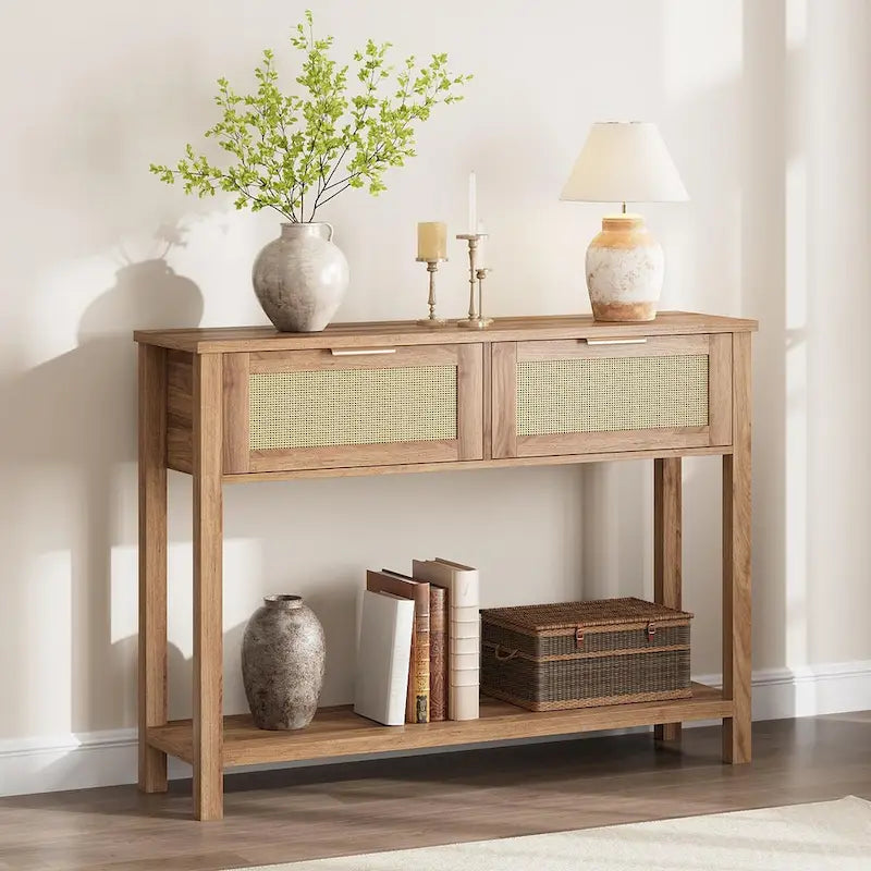 Console en rotin et bois bohème marron/naturel avec 2 tiroirs et étagère inférieure, 109 cm