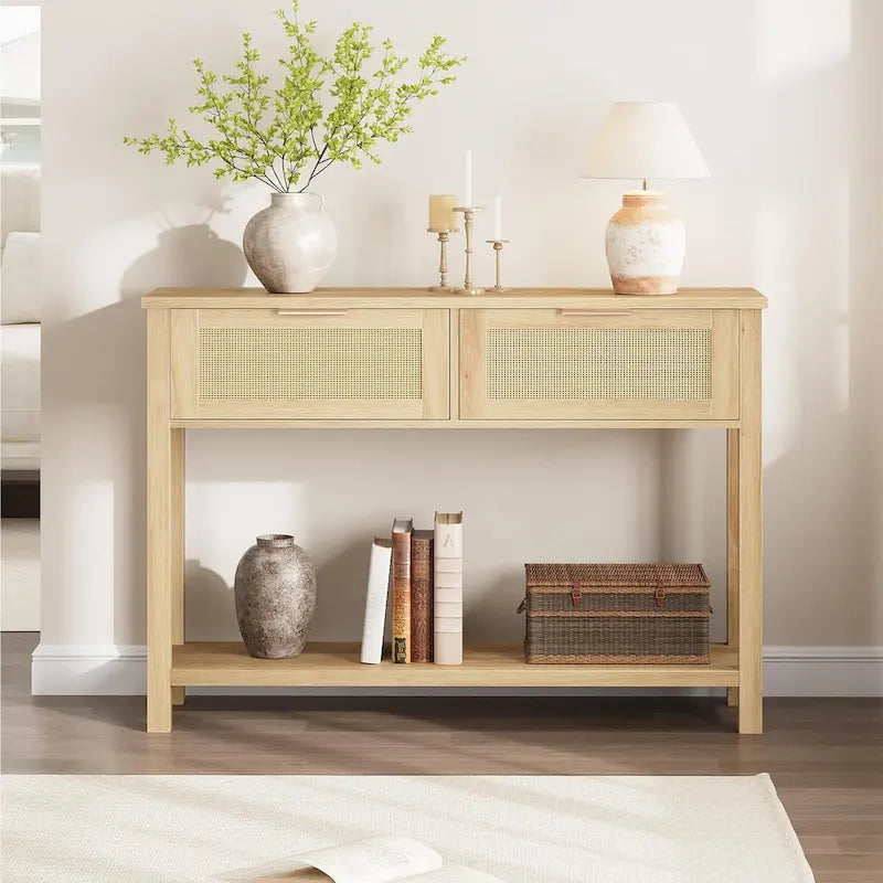 Console en rotin et bois bohème marron/naturel avec 2 tiroirs et étagère inférieure, 109 cm