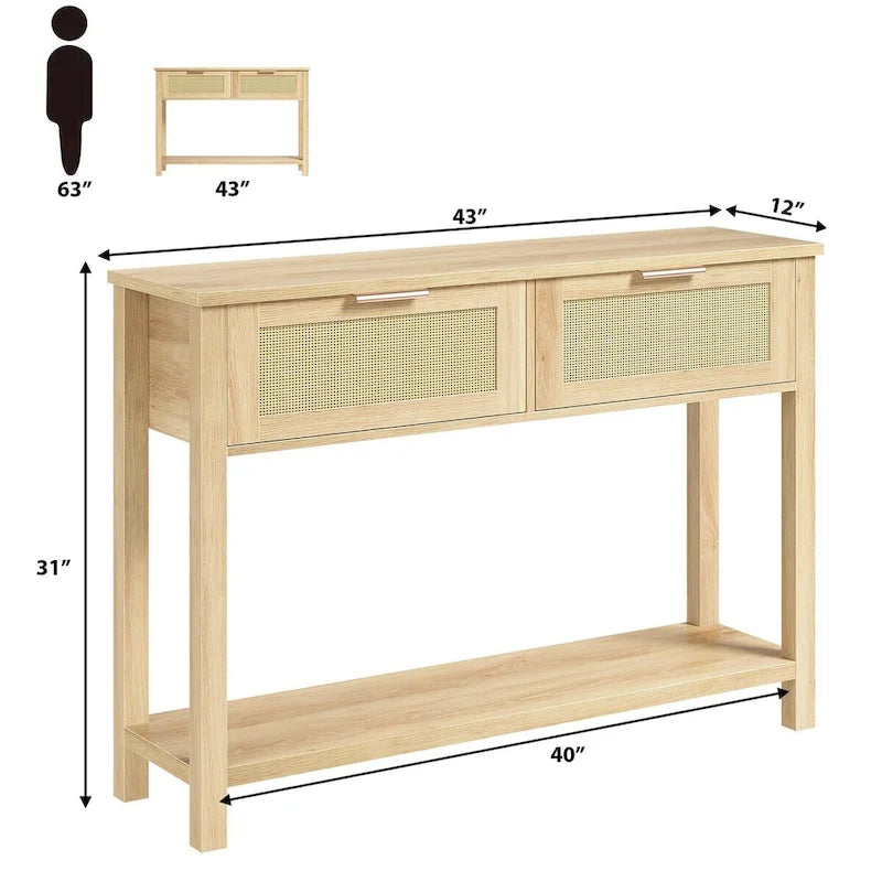 Console en rotin et bois bohème marron/naturel avec 2 tiroirs et étagère inférieure, 109 cm