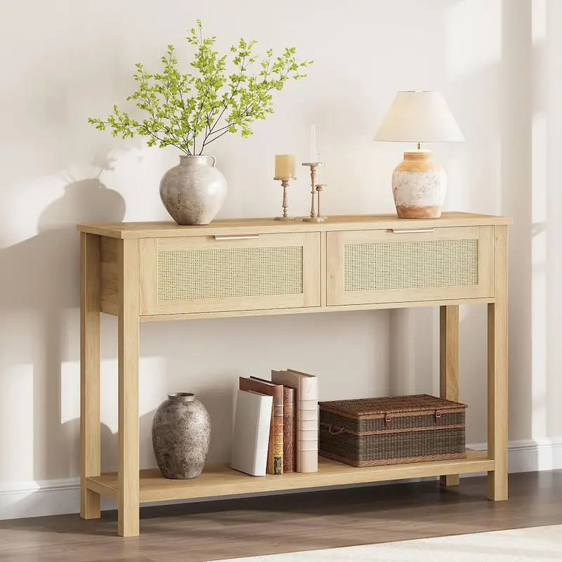 Console en rotin et bois bohème marron/naturel avec 2 tiroirs et étagère inférieure, 109 cm