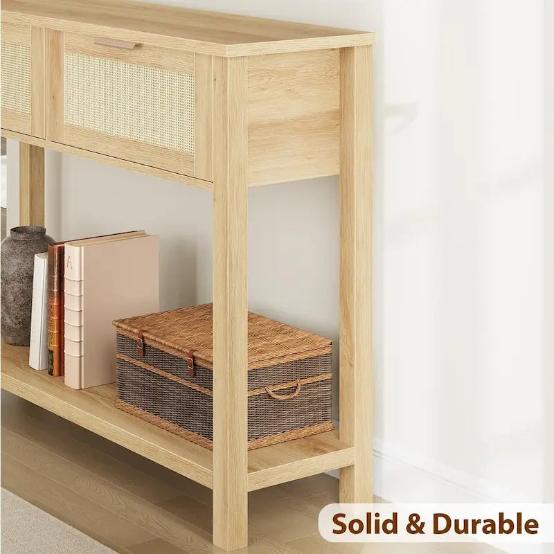 Console en rotin et bois bohème marron/naturel avec 2 tiroirs et étagère inférieure, 109 cm