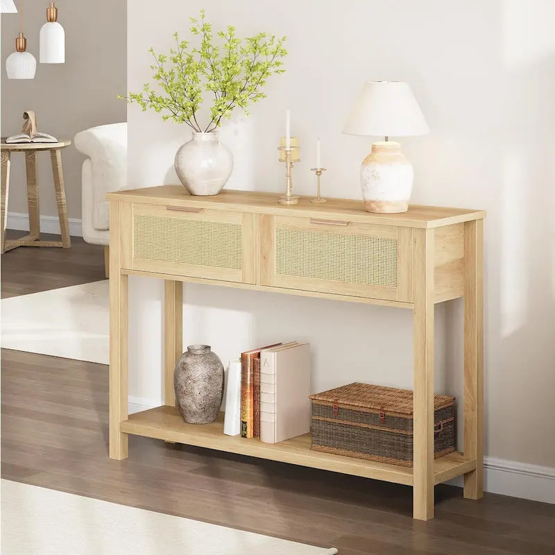 Console en rotin et bois bohème marron/naturel avec 2 tiroirs et étagère inférieure, 109 cm