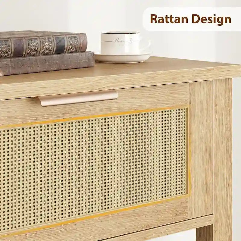 Console en rotin et bois bohème marron/naturel avec 2 tiroirs et étagère inférieure, 109 cm