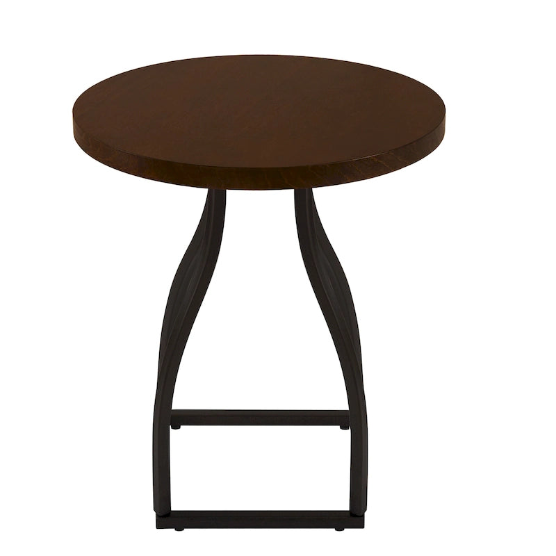 Table d'appoint ronde en bois à dessus marron/terre d'ombre/blanc avec base carrée en métal