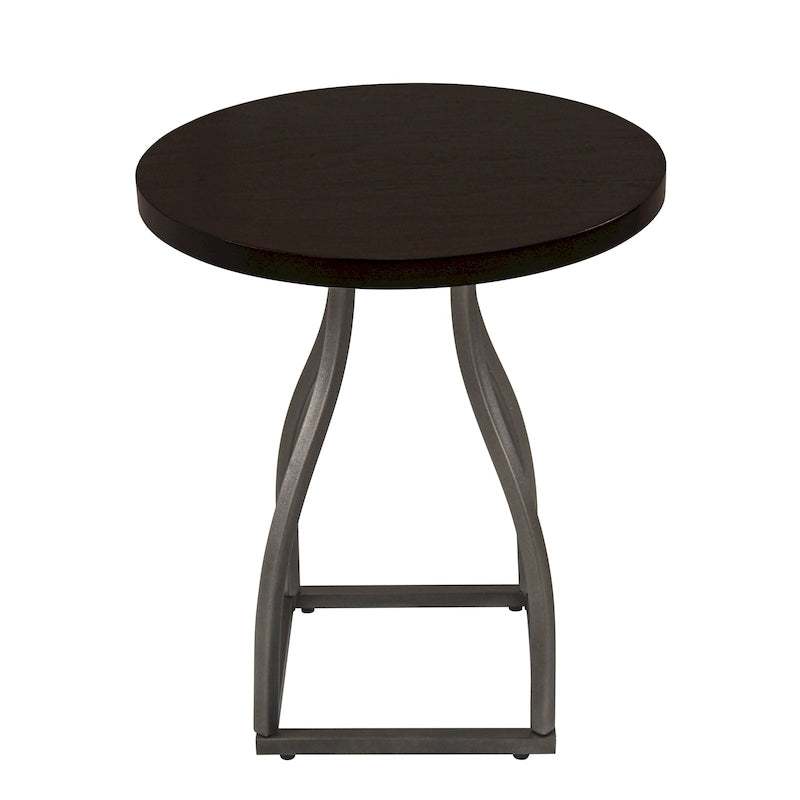 Table d'appoint ronde en bois à dessus marron/terre d'ombre/blanc avec base carrée en métal