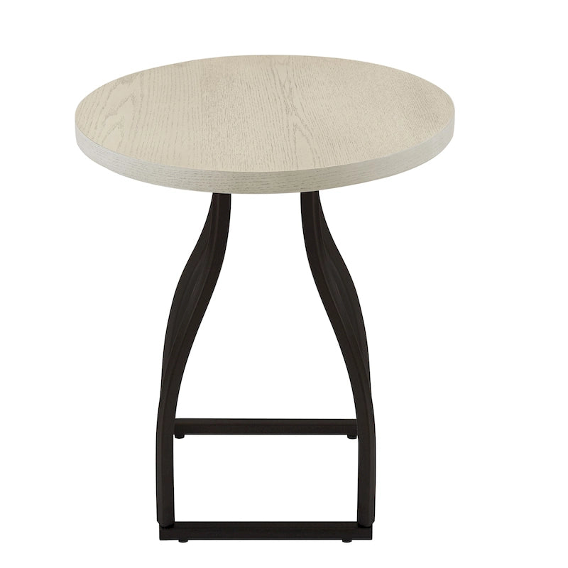 Table d'appoint ronde en bois à dessus marron/terre d'ombre/blanc avec base carrée en métal