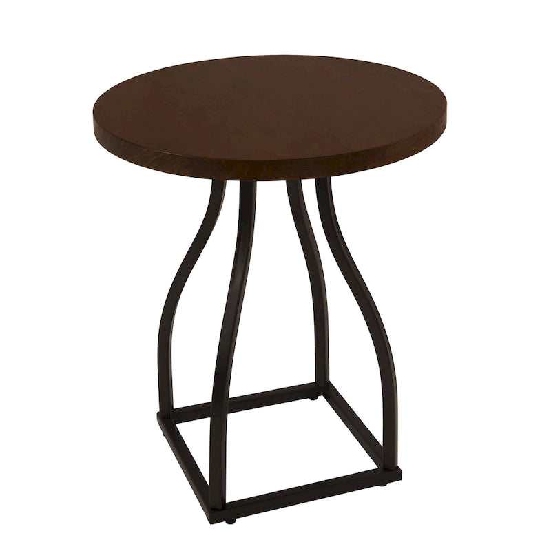 Table d'appoint ronde en bois à dessus marron/terre d'ombre/blanc avec base carrée en métal