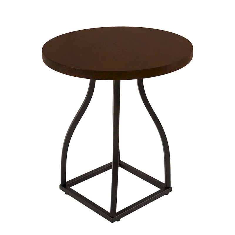 Table d'appoint ronde en bois à dessus marron/terre d'ombre/blanc avec base carrée en métal