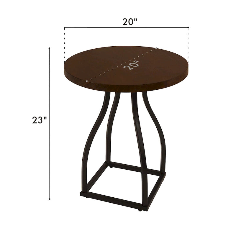Table d'appoint ronde en bois à dessus marron/terre d'ombre/blanc avec base carrée en métal