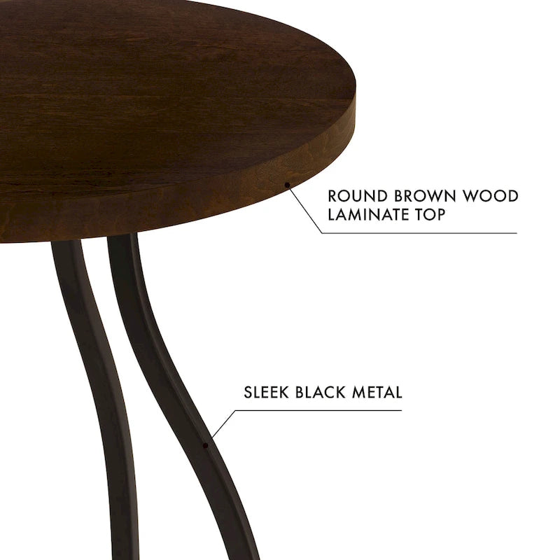 Table d'appoint ronde en bois à dessus marron/terre d'ombre/blanc avec base carrée en métal