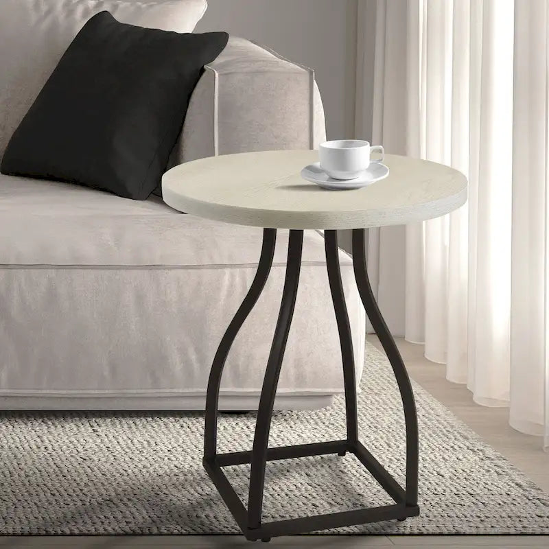 Table d'appoint ronde en bois à dessus marron/terre d'ombre/blanc avec base carrée en métal