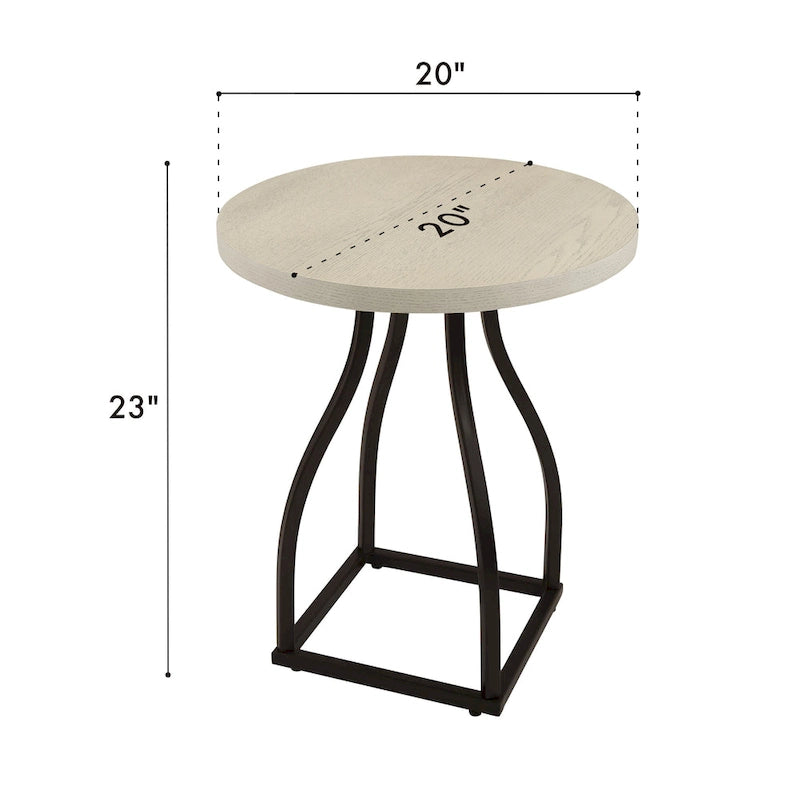 Table d'appoint ronde en bois à dessus marron/terre d'ombre/blanc avec base carrée en métal