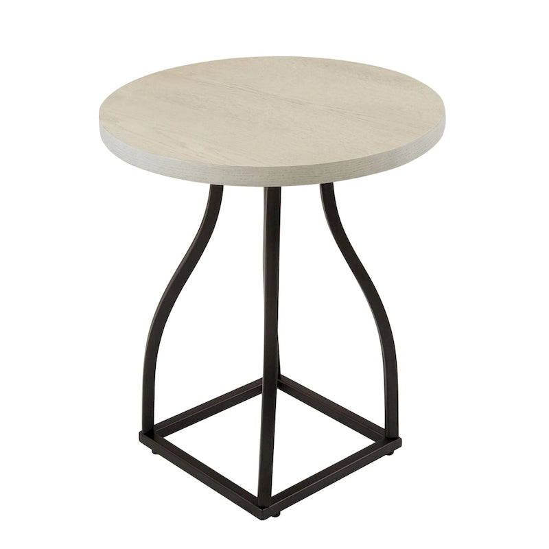Table d'appoint ronde en bois à dessus marron/terre d'ombre/blanc avec base carrée en métal