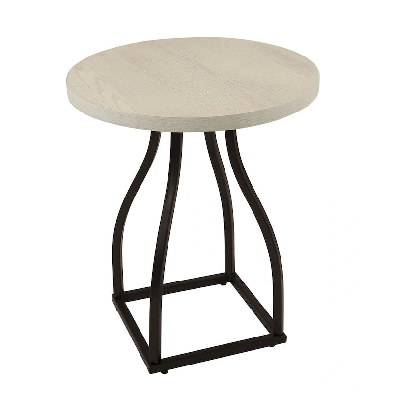 Table d'appoint ronde en bois à dessus marron/terre d'ombre/blanc avec base carrée en métal