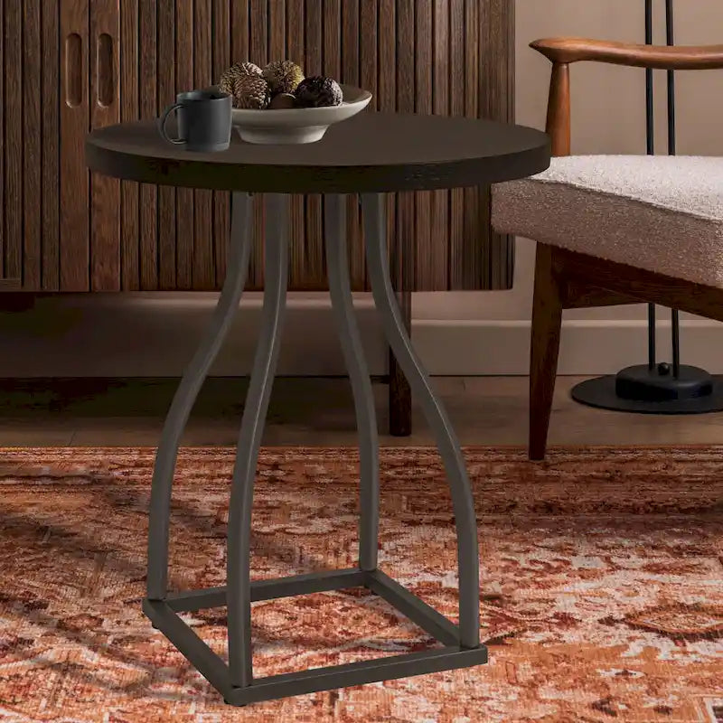 Table d'appoint ronde en bois à dessus marron/terre d'ombre/blanc avec base carrée en métal