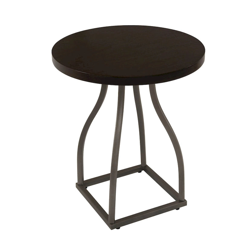 Table d'appoint ronde en bois à dessus marron/terre d'ombre/blanc avec base carrée en métal