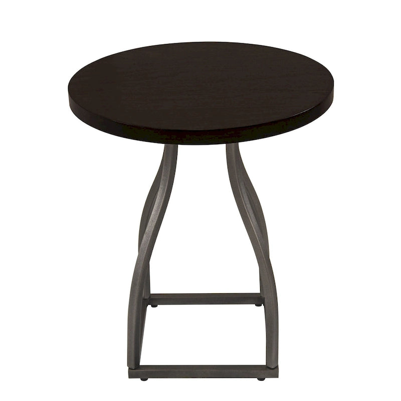 Table d'appoint ronde en bois à dessus marron/terre d'ombre/blanc avec base carrée en métal