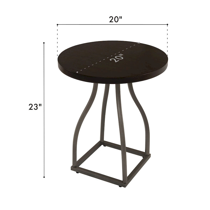 Table d'appoint ronde en bois à dessus marron/terre d'ombre/blanc avec base carrée en métal